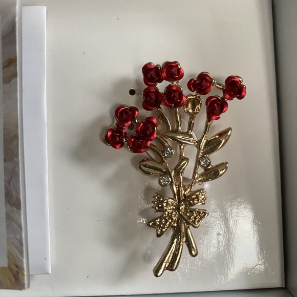 Brooch-Christmas Rose Pin Gold -Red - Picture 2 of 3